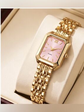 Gold-Tone Rectangle Watch with Pink Dial | Elegant Bracelet Watch | Women’s Dres